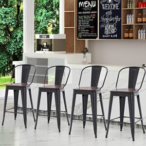 Aklaus Metal Bar Stools Set of 4,30 inch Barstools Bar Height Bar Stools with Backs Farmhouse Bar Stools with Larger Seat High Back Kitchen Dining Chairs Modern Bar Chairs Matte Black Stools