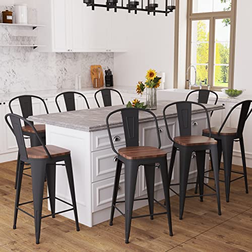 Aklaus Metal Bar Stools Set of 4,30 inch Barstools Bar Height Bar Stools with Backs Farmhouse Bar Stools with Larger Seat High Back Kitchen Dining Chairs Modern Bar Chairs Matte Black Stools