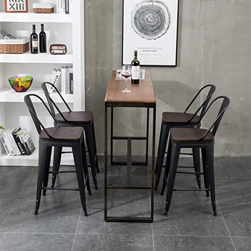 Aklaus Metal Bar Stools Set of 4,30 inch Barstools Bar Height Bar Stools with Backs Farmhouse Bar Stools with Larger Seat High Back Kitchen Dining Chairs Modern Bar Chairs Matte Black Stools