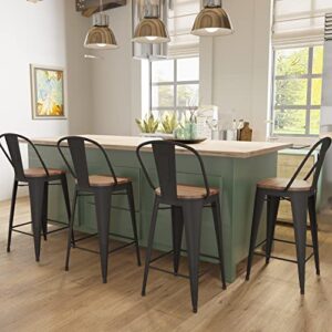 Aklaus Metal Bar Stools Set of 4,30 inch Barstools Bar Height Bar Stools with Backs Farmhouse Bar Stools with Larger Seat High Back Kitchen Dining Chairs Modern Bar Chairs Matte Black Stools