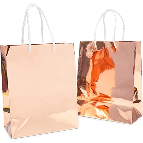 Sparkle and Bash Rose Gold Metallic Medium Gift Bags with Handles for Weddings, Birthdays (9.25 x 8 x 4.25 in, 24 Pack)