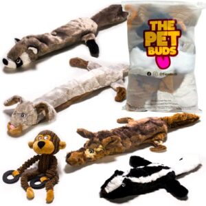 the pet buds no stuffing dog toy set - 5 pack bundle - no dangerous stuffing to chew or swallow - 2 squeakers each - big dog plush toys for small, medium and large dogs - cute durable squeaky dog toy