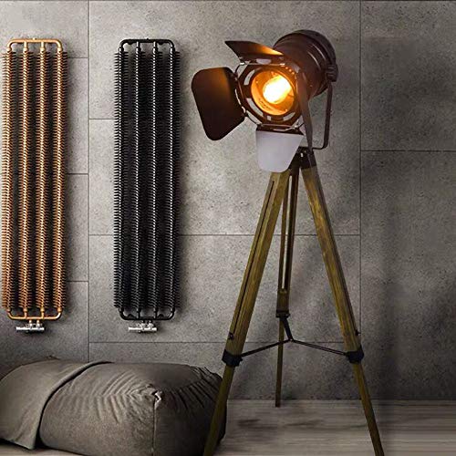 Vintage Black Wood Tripod Floor Lamp for Living Room, Modern Industrial Metal Nautical Cinema e26 Standing Corner Searchlight - Rustic Reading Adjustable Desk Table Light for Bedroom Office Decoration