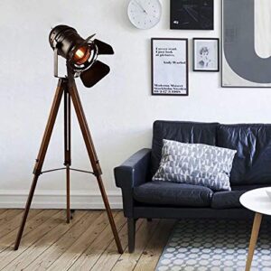 Vintage Black Wood Tripod Floor Lamp for Living Room, Modern Industrial Metal Nautical Cinema e26 Standing Corner Searchlight - Rustic Reading Adjustable Desk Table Light for Bedroom Office Decoration