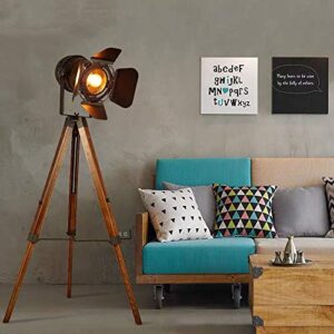 Vintage Black Wood Tripod Floor Lamp for Living Room, Modern Industrial Metal Nautical Cinema e26 Standing Corner Searchlight - Rustic Reading Adjustable Desk Table Light for Bedroom Office Decoration