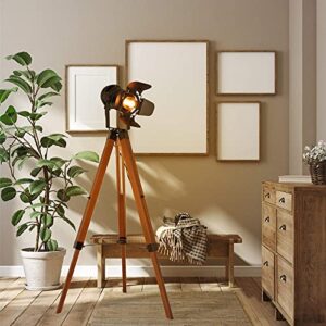 Vintage Black Wood Tripod Floor Lamp for Living Room, Modern Industrial Metal Nautical Cinema e26 Standing Corner Searchlight - Rustic Reading Adjustable Desk Table Light for Bedroom Office Decoration