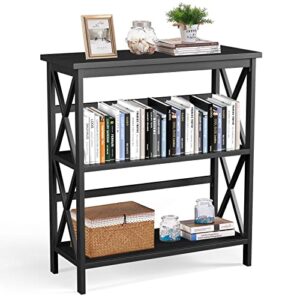 tangkula 3-tier bookcase and bookshelf, wooden open shelf bookcase, x-design etagere bookshelf for home living room office, multi-functional storage shelf units for collection (black)
