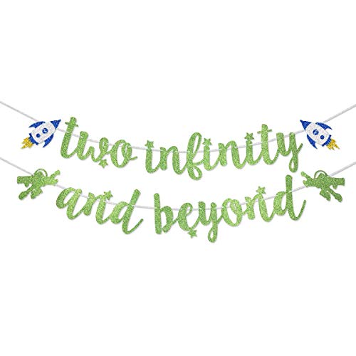 Light Green Glitter Two Infinity and Beyond Banner Pre-strung for Kids' 2nd Birthday Party Decorations