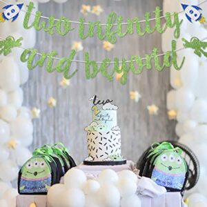 Light Green Glitter Two Infinity and Beyond Banner Pre-strung for Kids' 2nd Birthday Party Decorations