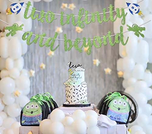 Light Green Glitter Two Infinity and Beyond Banner Pre-strung for Kids' 2nd Birthday Party Decorations