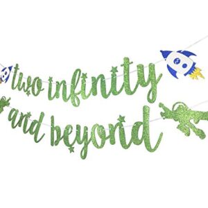 Light Green Glitter Two Infinity and Beyond Banner Pre-strung for Kids' 2nd Birthday Party Decorations