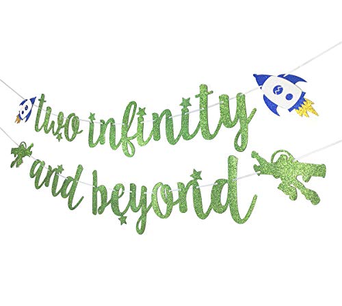 Light Green Glitter Two Infinity and Beyond Banner Pre-strung for Kids' 2nd Birthday Party Decorations