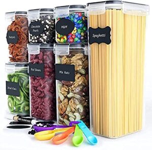 airtight food storage containers for kitchen organization 7 pc - plastic food canisters with lids, labels, marker & spoons for pantry organization and storage - cereal, flour and sugar containers