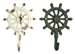 rustic white and teal cast iron ship wheel wall hooks, set of 2, 5 3/4 inch