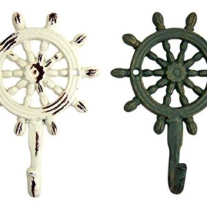 Rustic White and Teal Cast Iron Ship Wheel Wall Hooks, Set of 2, 5 3/4 Inch