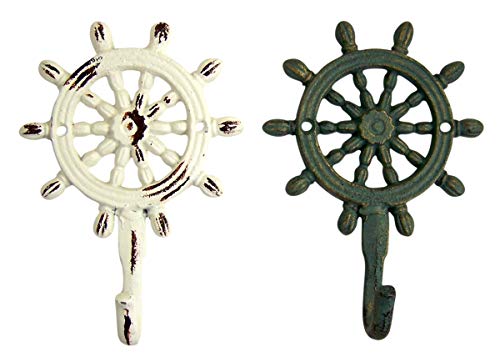 Rustic White and Teal Cast Iron Ship Wheel Wall Hooks, Set of 2, 5 3/4 Inch