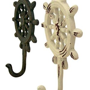 Rustic White and Teal Cast Iron Ship Wheel Wall Hooks, Set of 2, 5 3/4 Inch