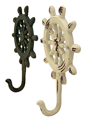 Rustic White and Teal Cast Iron Ship Wheel Wall Hooks, Set of 2, 5 3/4 Inch