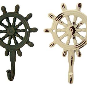 Rustic White and Teal Cast Iron Ship Wheel Wall Hooks, Set of 2, 5 3/4 Inch