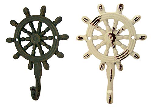 Rustic White and Teal Cast Iron Ship Wheel Wall Hooks, Set of 2, 5 3/4 Inch