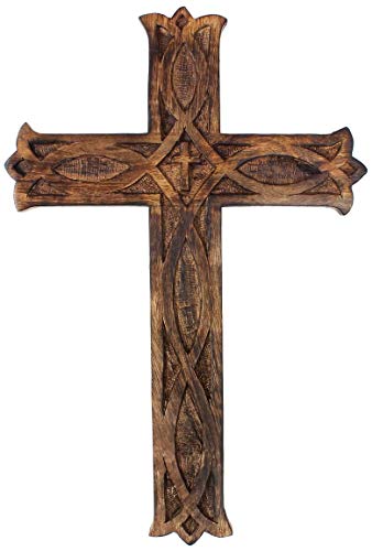 EARTHLY HOME Handmade Crucifix Wall Cross, Antique Holy Catholic Crosses, Jesus Christ Floral Carving Plaque, Hanging Catholic Crucifix Home Chapel Décor, Living Room(Brown,10 x 6 inches)