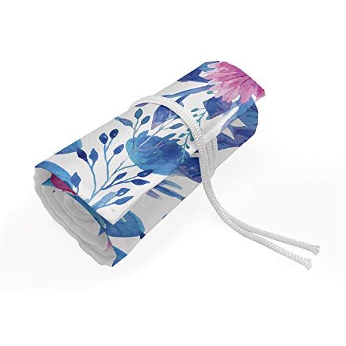 Ambesonne Spring Roll Up Pencil Holder, Romantic Watercolor Pattern with Nosegay Flowers Print, Painting Drawing Pencils Case for Artists Students, 48 Loops, Azure Blue Pink