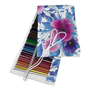 Ambesonne Spring Roll Up Pencil Holder, Romantic Watercolor Pattern with Nosegay Flowers Print, Painting Drawing Pencils Case for Artists Students, 48 Loops, Azure Blue Pink