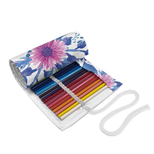 Ambesonne Spring Roll Up Pencil Holder, Romantic Watercolor Pattern with Nosegay Flowers Print, Painting Drawing Pencils Case for Artists Students, 48 Loops, Azure Blue Pink