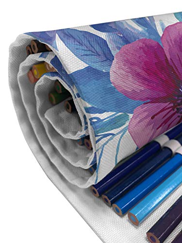 Ambesonne Spring Roll Up Pencil Holder, Romantic Watercolor Pattern with Nosegay Flowers Print, Painting Drawing Pencils Case for Artists Students, 48 Loops, Azure Blue Pink