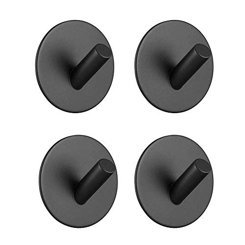 UBAOXIN Black Adhesive Hooks Heavy Duty, Stainless Steel Wall Mount Wall Hooks for Hanging Robe Coat Towel Hooks Kitchen Bathroom Home Waterproof & Rustproof 4 Pack