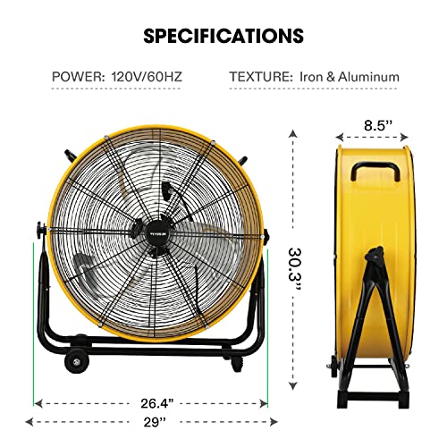 VIVOSUN Industrial Tilt Drum Fan 24” Heavy Duty High Velocity Floor Standing Fan 3 Speed Air Circulation for Basement Warehouse Factory, ETL Certified