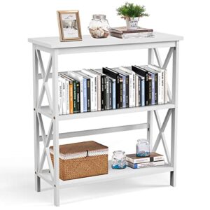 tangkula 3-tier bookcase and bookshelf, wooden open shelf bookcase, x-design etagere bookshelf for home living room office, multi-functional storage shelf units for collection (white)