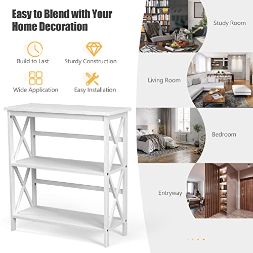 Tangkula 3-Tier Bookcase and Bookshelf, Wooden Open Shelf Bookcase, X-Design Etagere Bookshelf for Home Living Room Office, Multi-Functional Storage Shelf Units for Collection (White)