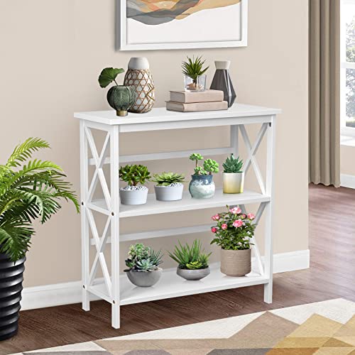 Tangkula 3-Tier Bookcase and Bookshelf, Wooden Open Shelf Bookcase, X-Design Etagere Bookshelf for Home Living Room Office, Multi-Functional Storage Shelf Units for Collection (White)
