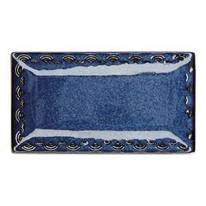 mikasa satori japanese serving platter with wave pattern border and real gold rim, porcelain, indigo blue/white, 15.5 x 28 cm