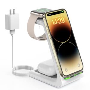 wireless charging station for apple - 3 in 1 wireless charger stand dock watch and phone charger station for apple watch 8/7/se/6/5/4/3/2, iphone 14 13 12 pro max se xs xr x, samsung, airpods pro/3/2