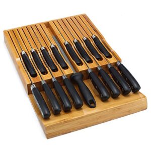 in-drawer knife block,bamboo knife drawer organizer insert, kitchen knife drawer storage for 16 knives plus a slot for your knife sharpener (without knives)