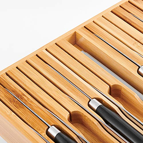 In-Drawer Knife Block,Bamboo Knife Drawer Organizer Insert, Kitchen Knife Drawer Storage for 16 Knives PLUS a Slot for your Knife Sharpener (Without Knives)