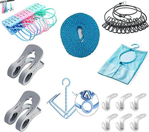 Travel Clothesline Laundry Storage and Organization, Ouioui 24 Pieces Portable Camping Clothesline with Space Saving Drying Shoe Rack, Quilt Clips and Clothes Hanger Connector Hooks for Indoor Outdoor