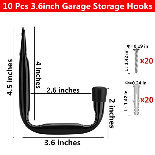 Yisunnan Garage Storage Hooks, Heavy Duty J Utility Hangers (Black, Pack of 10)