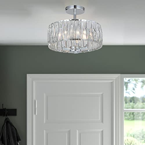 KARMIQI Crystal Flush Mount Ceiling Light 13 Inch Drum Semi Chandelier Flush Mount Light Fixture for Chrome Finish Ceiling Lamp for Dining Room Bedroom Kitchen Island Hallway Entryway