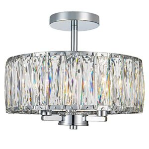 KARMIQI Crystal Flush Mount Ceiling Light 13 Inch Drum Semi Chandelier Flush Mount Light Fixture for Chrome Finish Ceiling Lamp for Dining Room Bedroom Kitchen Island Hallway Entryway