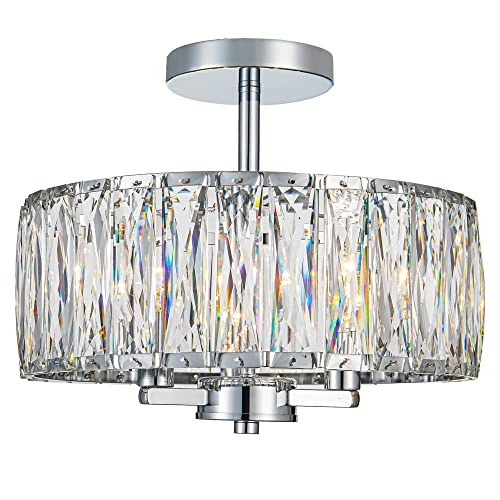 KARMIQI Crystal Flush Mount Ceiling Light 13 Inch Drum Semi Chandelier Flush Mount Light Fixture for Chrome Finish Ceiling Lamp for Dining Room Bedroom Kitchen Island Hallway Entryway