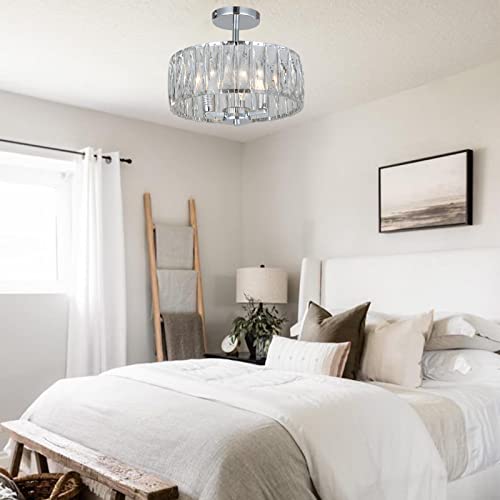 KARMIQI Crystal Flush Mount Ceiling Light 13 Inch Drum Semi Chandelier Flush Mount Light Fixture for Chrome Finish Ceiling Lamp for Dining Room Bedroom Kitchen Island Hallway Entryway