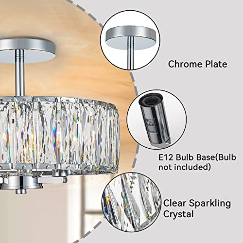 KARMIQI Crystal Flush Mount Ceiling Light 13 Inch Drum Semi Chandelier Flush Mount Light Fixture for Chrome Finish Ceiling Lamp for Dining Room Bedroom Kitchen Island Hallway Entryway