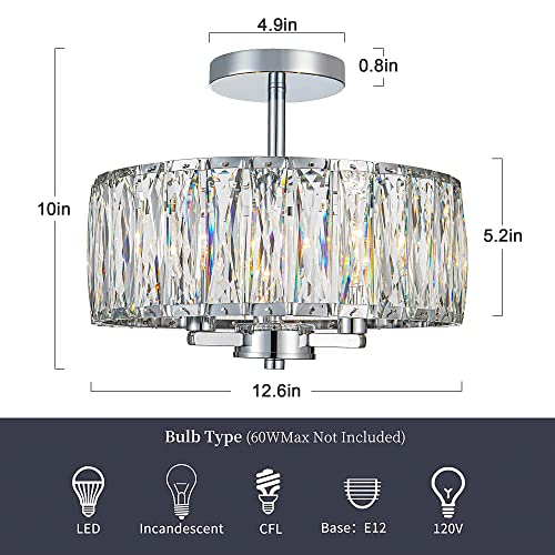 KARMIQI Crystal Flush Mount Ceiling Light 13 Inch Drum Semi Chandelier Flush Mount Light Fixture for Chrome Finish Ceiling Lamp for Dining Room Bedroom Kitchen Island Hallway Entryway