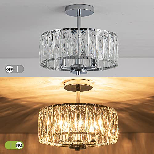 KARMIQI Crystal Flush Mount Ceiling Light 13 Inch Drum Semi Chandelier Flush Mount Light Fixture for Chrome Finish Ceiling Lamp for Dining Room Bedroom Kitchen Island Hallway Entryway