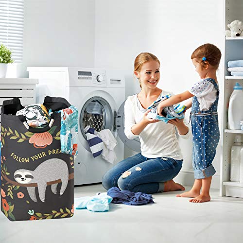 visesunny Collapsible Laundry Basket Sloth On The Tree Flower Large Laundry Hamper with Handle Toys and Clothing Organization for Bathroom, Bedroom, Home, Dorm, Travel