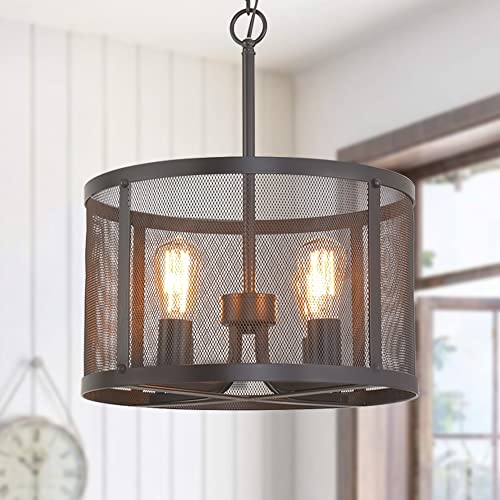 KARMIQI 4-Light Industrial Pendant Light Fixture Bulbs Included, Vintage Farmhouse Black Metal Cage Hanging Ceiling Light, Drum Chandelier with Adjustable Chain for Kitchen Island Dining Room