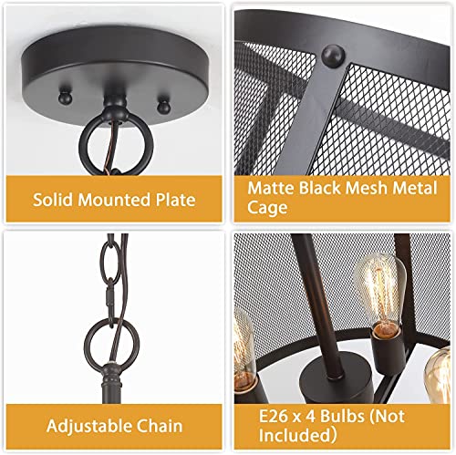 KARMIQI 4-Light Industrial Pendant Light Fixture Bulbs Included, Vintage Farmhouse Black Metal Cage Hanging Ceiling Light, Drum Chandelier with Adjustable Chain for Kitchen Island Dining Room